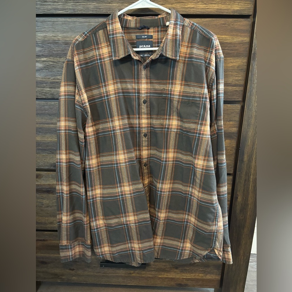 Prana Men's Plaid Shirt in Brown and Orange